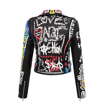 Printed Hit Color Jacket Motorcycle Leather Jacket Women's Suit Collar Trendy Jacket