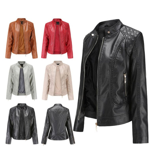 Stand-up collar PU leather jacket women