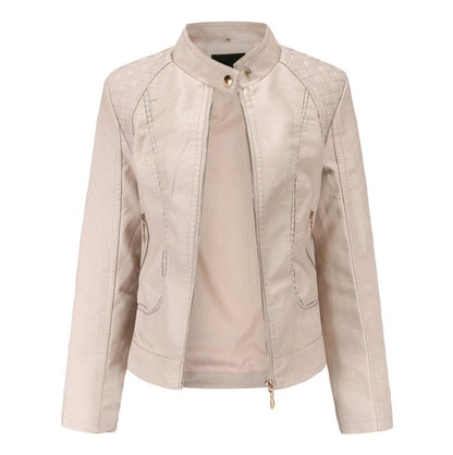 Stand-up collar PU leather jacket women