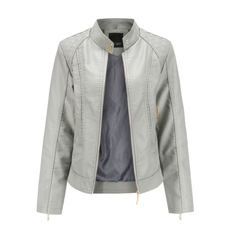 Stand-up collar PU leather jacket women