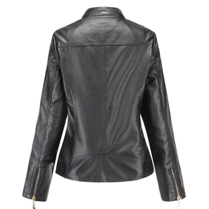 Stand-up collar PU leather jacket women