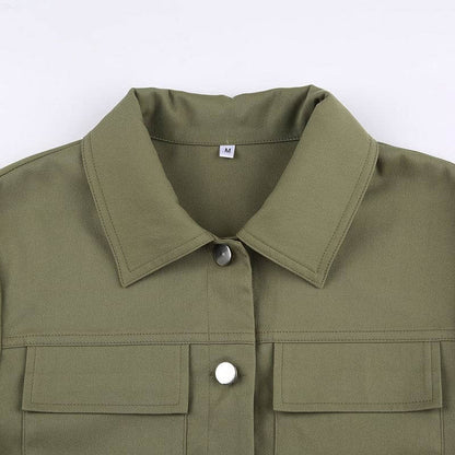 Distressed Multi-pocket Panelled Army Green Lightweight Jacket