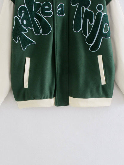 American Retro Green Stitching Flocking Embroidery Baseball Uniform Jacket Autumn