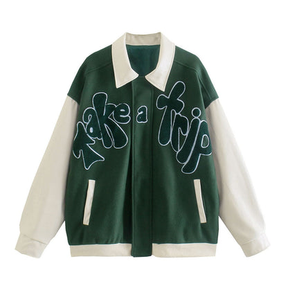 American Retro Green Stitching Flocking Embroidery Baseball Uniform Jacket Autumn