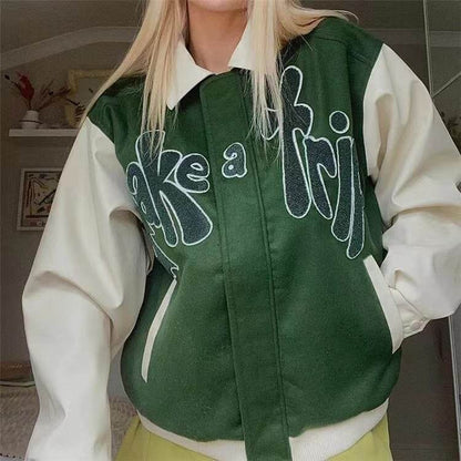 American Retro Green Stitching Flocking Embroidery Baseball Uniform Jacket Autumn