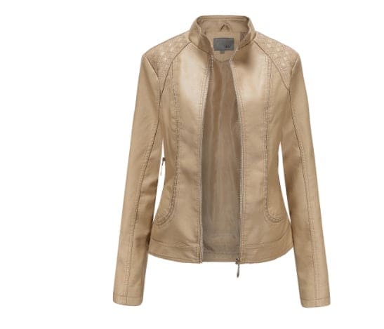 Stand-up collar PU leather jacket women