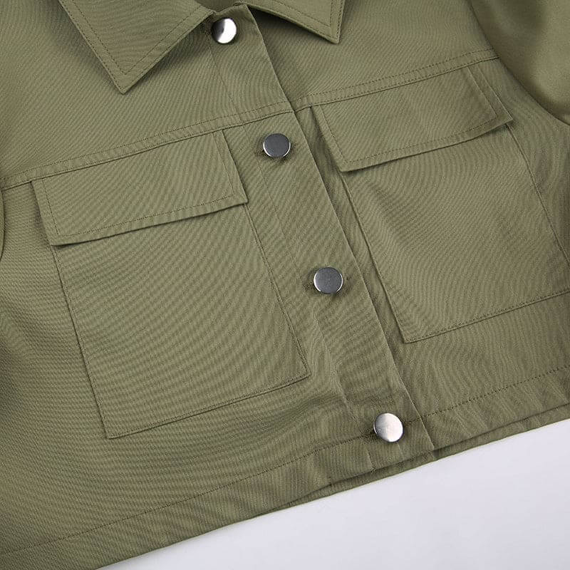 Distressed Multi-pocket Panelled Army Green Lightweight Jacket