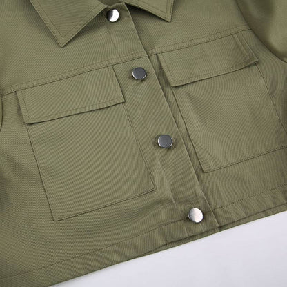 Distressed Multi-pocket Panelled Army Green Lightweight Jacket